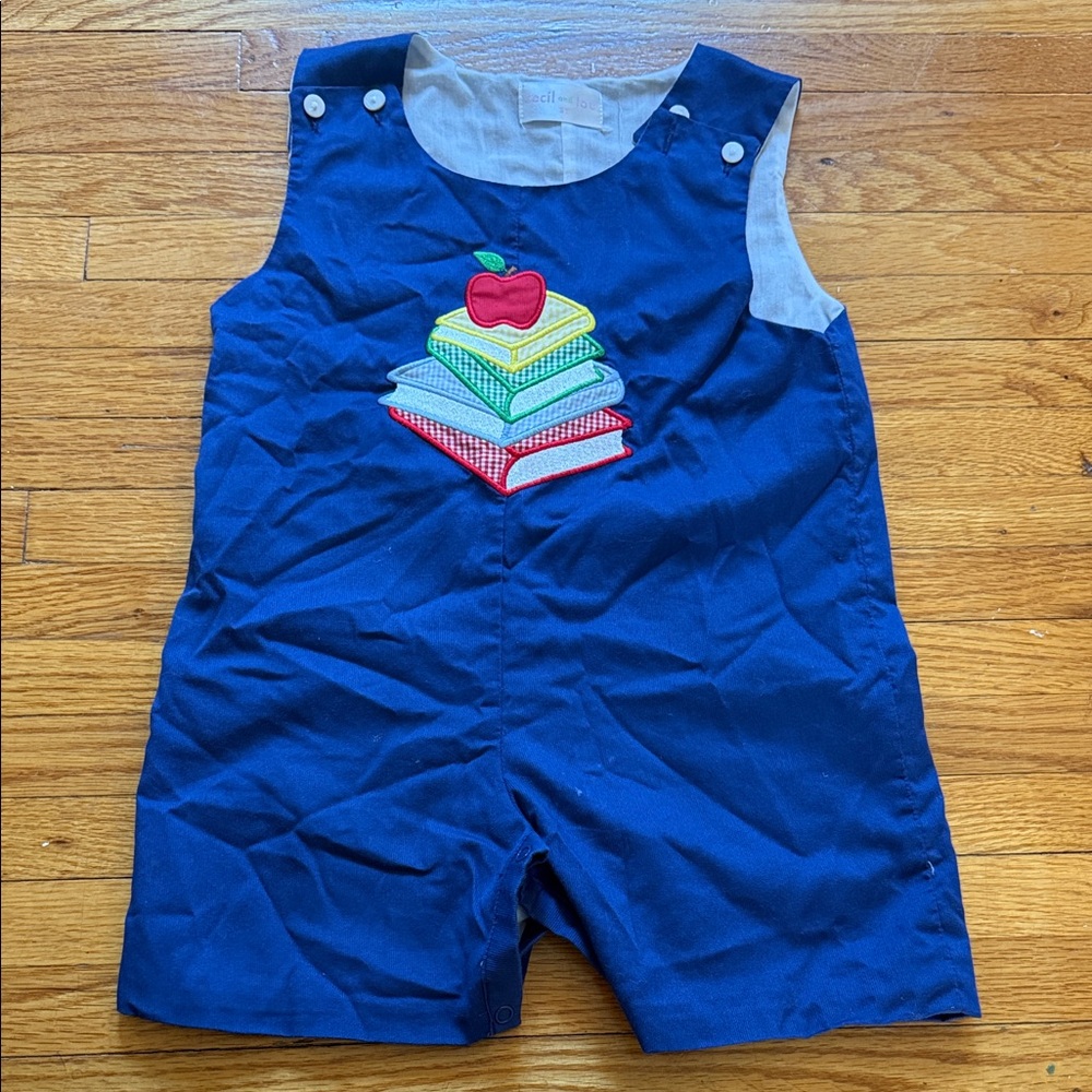 Navy Kids Jon Jon with Apple and Books Embroidery